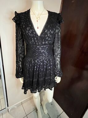 Rococo Sand Black Long-Sleeve V-Neck Mini Dress Romantic Boho Chic XS